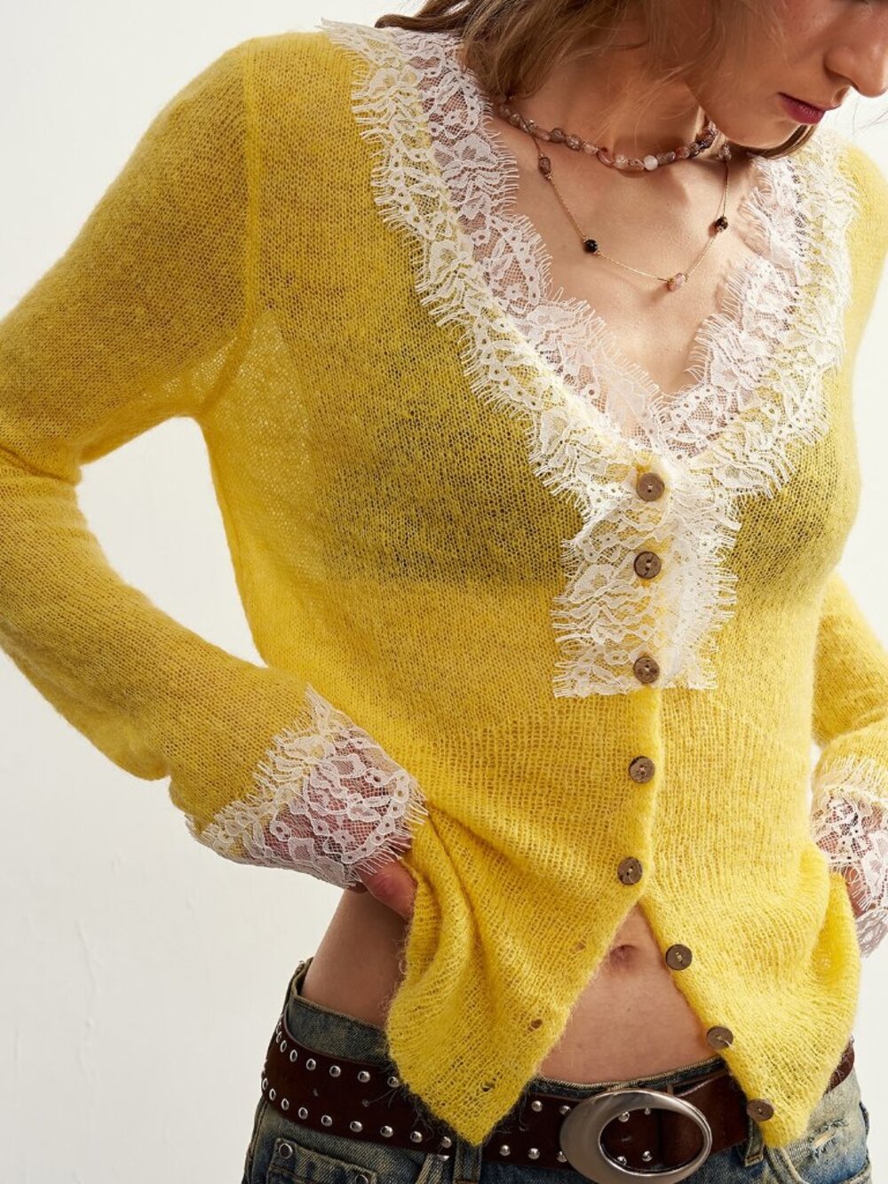 Yellow Casual Women's Contrast Lace V-Neck Single-Breasted Knit Cardigan